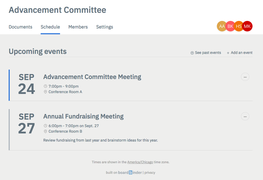 Scheduling meetings and events in BoardBinder